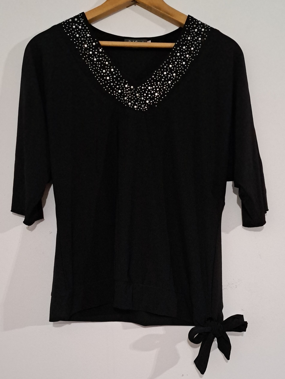 Embellished Black V-Neck Tie-Hem Tunic